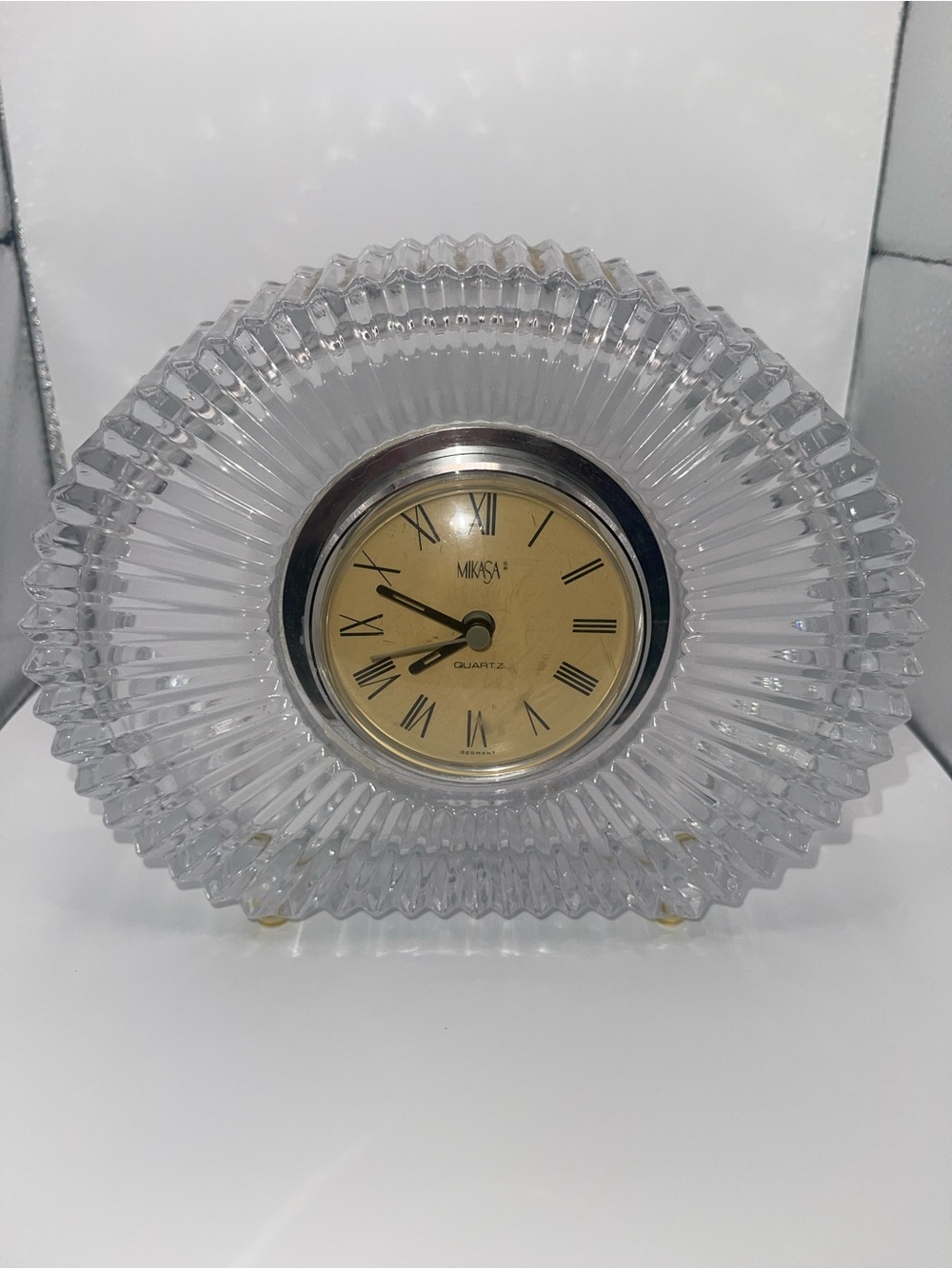VTG 90's MIKASA Diamond Fire Quartz Clock Crystal Heavy Oval Art Deco Works Good